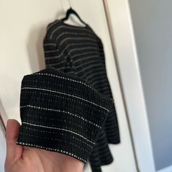 Loft Black and Silver Shimmer Puff Sleeve Square Neck Striped Women's Top Size L - Picture 5 of 9